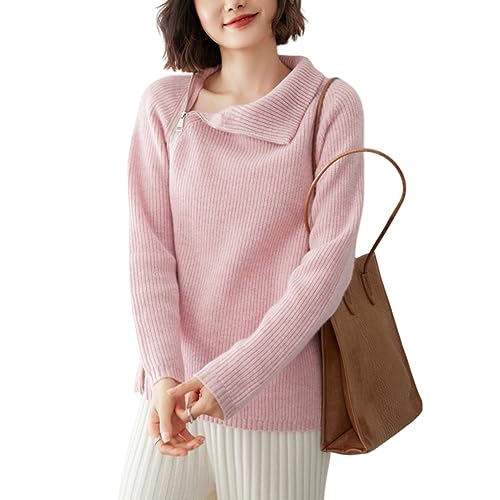 Valin Damen Kaschmir&Wolle Pullover Rosa Stehkragen Langarm Strickpullover Reißverschluss Relaxed Dicker Kaschmir Pullover,42,VY2333 von Valin