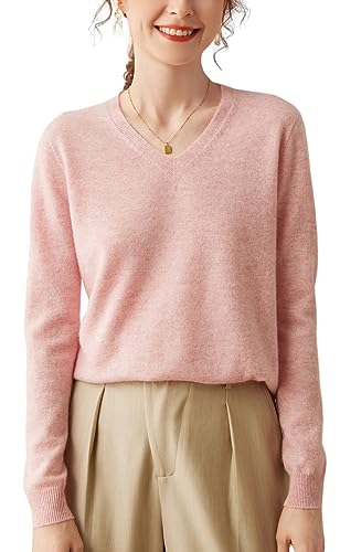 Valin Damen 95% Kaschmir Pullover Rosa V-Ausschnitt Langarm Strickpullover Kaschmir Wolle Einfarbige Relaxed Dünner Pullover,38,DF8026 von Valin