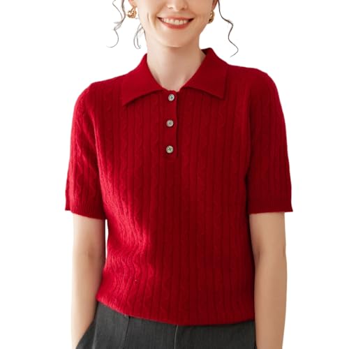 Valin Damen Kaschmir&Wolle Pullover Rot Revers Kurzarm Strickpullover Damen Zopfmuster Relaxed Dünner Kaschmir Pullover,EU 36,VS502 von Valin