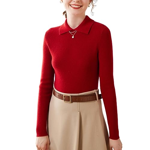 Valin Damen Kaschmir&Wolle Pullover Rot Revers Langarm Strickpullover Einfarbige Schlanker Dünner Kaschmir Pullover,34,VSP2306 von Valin