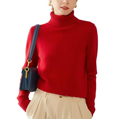 Valin Damen 95% Kaschmir Pullover Rot Rollkragen Langarm Strickpullover Kaschmir Wolle Einfarbige Relaxed Dicker Pullover,38,SH350 von Valin