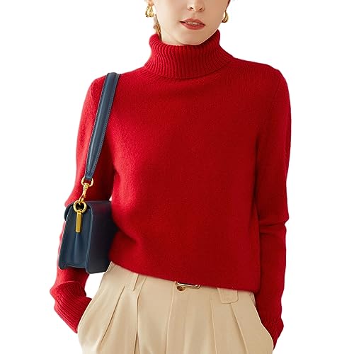 Valin Damen Kaschmir&Wolle Pullover Rot Rollkragen Langarm Strickpullover Einfarbige Relaxed Dicker Kaschmir Pullover,38,VS350 von Valin