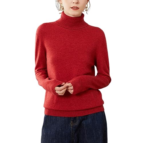 Valin Damen 95% Kaschmir Pullover Rot Rollkragen Langarm Strickpullover Kaschmir Wolle Einfarbige Relaxed Dünner Pullover,40,YZL503 von Valin