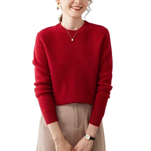 Valin Damen 95% Kaschmir Pullover Rot Rundhals Langarm Strickpullover Kaschmir Wolle Einfarbige Relaxed Dicker Pullover,34,SH370 von Valin