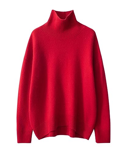 Valin Damen 95% Kaschmir Pullover Rot Stehkragen Langarm Strickpullover Kaschmir Wolle Einfarbige Relaxed Dicker Pullover,Einheitsgröße,ZSBR8306 von Valin