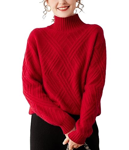 Valin Damen 95% Kaschmir Pullover Rot Stehkragen Langarm Strickpullover Kaschmir Wolle Karierter Relaxed Dicker Pullover,44,DF8085 von Valin