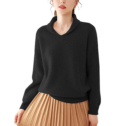 Valin Damen 95% Kaschmir Pullover Schwarz Kapuzen Langarm Strickpullover Kaschmir Wolle Einfarbige Relaxed Dicker Pullover,44,RMS3335 von Valin