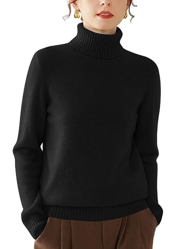 Valin Damen 95% Kaschmir Pullover Schwarz Rollkragen Langarm Strickpullover Kaschmir Wolle Einfarbige Relaxed Dicker Pullover,38,SH350 von Valin