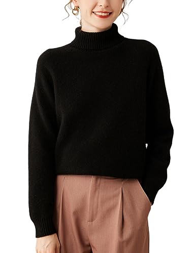 Valin Damen Kaschmir&Wolle Pullover Schwarz Rollkragen Langarm Strickpullover Einfarbige Relaxed Dicker Kaschmir Pullover,46,VD8006 von Valin