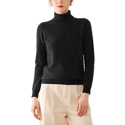 Valin Damen Kaschmir&Wolle Pullover Schwarz Rollkragen Langarm Strickpullover Einfarbige Relaxed Dünner Kaschmir Pullover,40,VR3301 von Valin