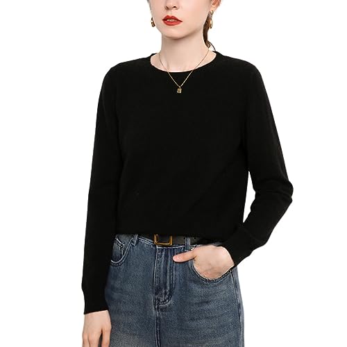 Valin Damen Kaschmir&Wolle Pullover Schwarz Rundhals Langarm Strickpullover Einfarbige Relaxed Dünner Kaschmir Pullover,38,VM2016 von Valin