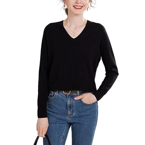 Valin Damen 95% Kaschmir Pullover Schwarz V-Ausschnitt Langarm Strickpullover Kaschmir Wolle Einfarbige Relaxed Dünner Pullover,42,YZL2303 von Valin