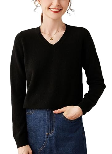 Valin Damen Kaschmir&Wolle Pullover Schwarz V-Ausschnitt Langarm Strickpullover Einfarbige Relaxed Dünner Kaschmir Pullover,44,VD8026 von Valin