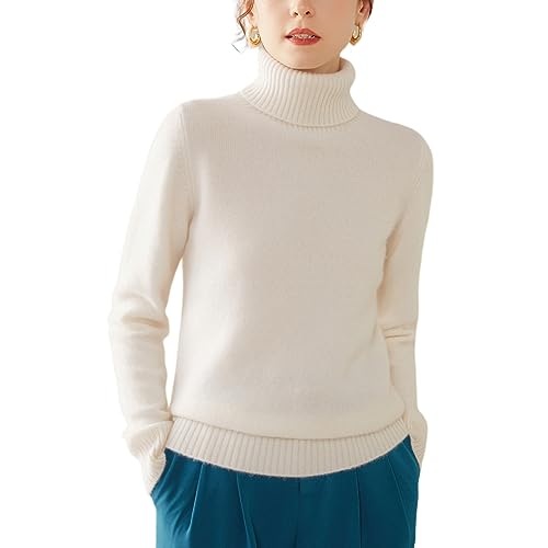 Valin Damen Kaschmir&Wolle Pullover Weiß Rollkragen Langarm Strickpullover Einfarbige Relaxed Dicker Kaschmir Pullover,42,VS350 von Valin