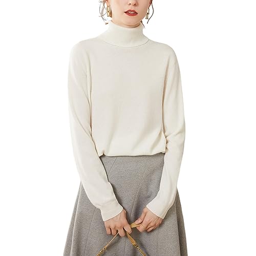 Valin Damen Kaschmir&Wolle Pullover Weiß Rollkragen Langarm Strickpullover Einfarbige Relaxed Dünner Kaschmir Pullover,42,VYZ503 von Valin