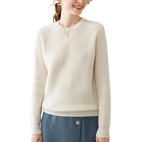 Valin Damen 95% Kaschmir Pullover Weiß Rundhals Langarm Strickpullover Kaschmir Wolle Einfarbige Relaxed Dicker Pullover,38,SH370 von Valin