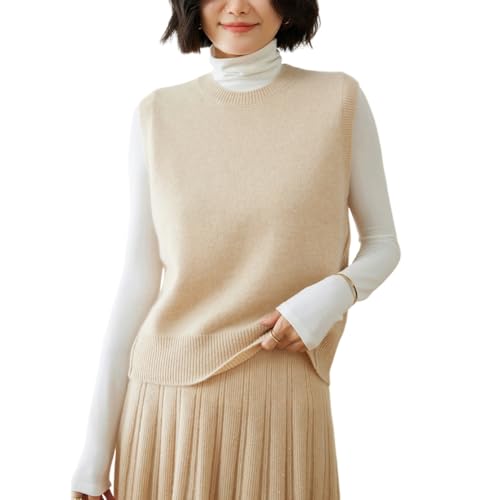 Valin Damen Kaschmir&Wolle Pullunder Beige Rundhals Ohne Arm Strickpullover Damen Einfarbige Relaxed Dicker Kaschmir Pullover,EU 40,VDY24216 von Valin