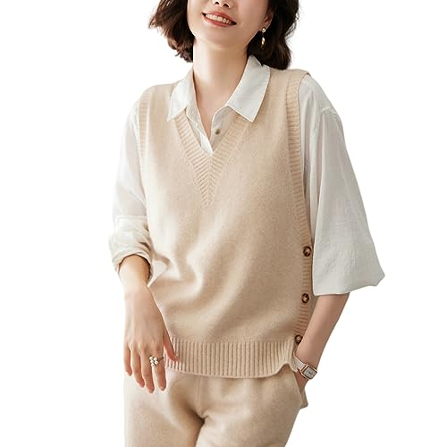 Valin Damen Kaschmir&Wolle Pullunder Beige V-Ausschnitt Ohne Arm Pullover Einfarbige Relaxed Dicker Kaschmir Pullunder,40,VY2370 von Valin