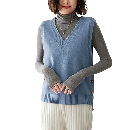 Valin Damen Kaschmir&Wolle Pullunder Blau V-Ausschnitt Ohne Arm Pullover Einfarbige Relaxed Dicker Kaschmir Pullunder,42,VY2370 von Valin