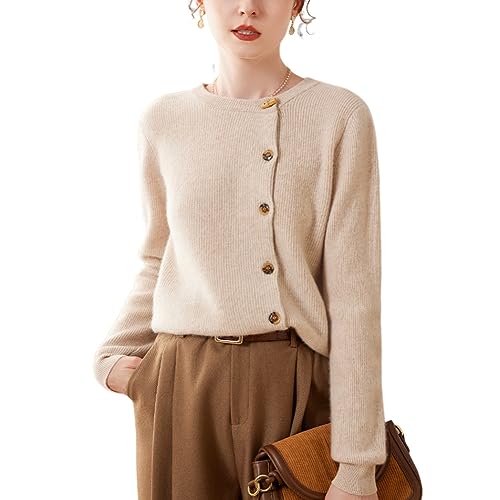 Valin Damen Kaschmir&Wolle Strickjacke Beige Rundhals Langarm Cardigan Einfarbige Relaxed Dicker Kaschmir Strickjacke,38,VSP2311 von Valin