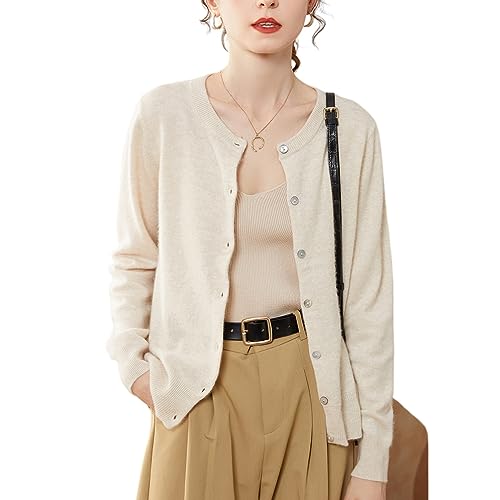 Valin Damen Kaschmir&Wolle Strickjacke Beige Rundhals Langarm Cardigan Einfarbige Relaxed Dünner Kaschmir Strickjacke,44,VSP1201 von Valin