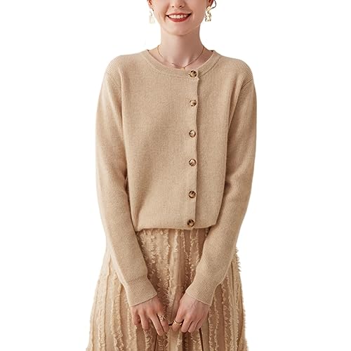 Valin Damen 95% Kaschmir Strickjacke Beige Rundhals Langarm Cardigan Kaschmir Wolle Knöpfen Relaxed Dünner Strickjacke,38,YD2332 von Valin