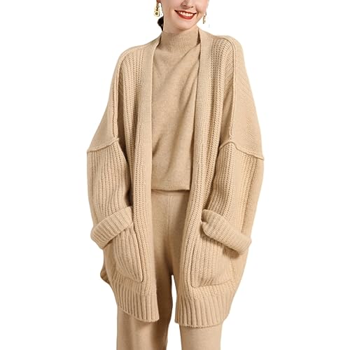 Valin Damen 95% Kaschmir Strickjacke Beige V-Ausschnitt Langarm Cardigan Kaschmir Wolle Taschen Relaxed Dicker Strickjacke,Einheitsgröße,MZ2307 von Valin