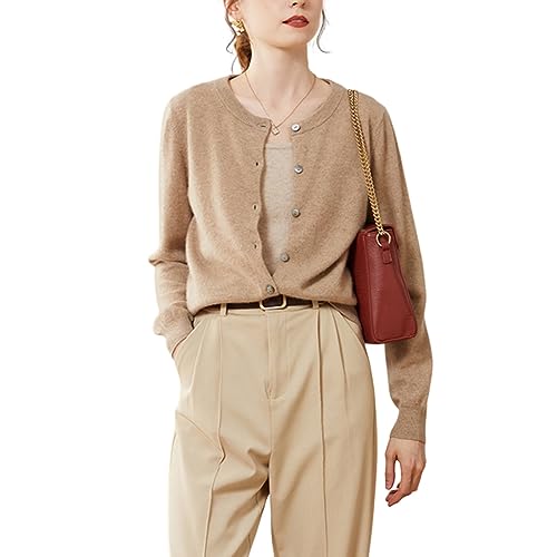 Valin Damen Kaschmir&Wolle Strickjacke Braun Rundhals Langarm Cardigan Einfarbige Relaxed Dünner Kaschmir Strickjacke,44,VSP1201 von Valin