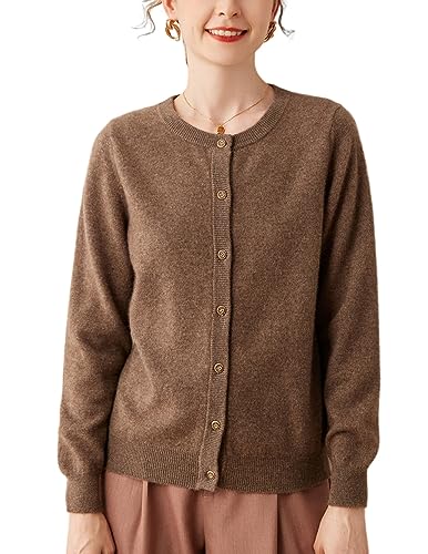 Valin Damen Kaschmir&Wolle Strickjacke Braun Rundhals Langarm Cardigan Knöpfen Schlanker Dünner Kaschmir Strickjacke,46,VD8029 von Valin
