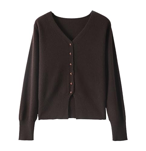 Valin Damen Kaschmir&Wolle Strickjacke Braun V-Ausschnitt Langarm Cardigan Einfarbige Relaxed Dünner Kaschmir Strickjacke,40,VSP2308 von Valin