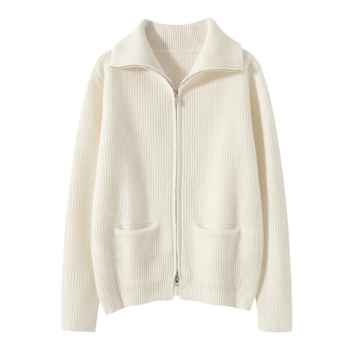 Valin Damen Kaschmir&Wolle Strickjacke Elfenbein Revers Langarm Strickpullover Damen Taschen Relaxed Dicker Kaschmir Pullover,EU 44,VDY2469 von Valin