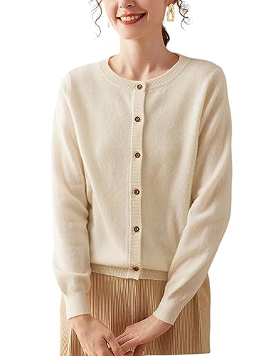 Valin Damen Kaschmir&Wolle Strickjacke Elfenbein Rundhals Langarm Cardigan Knöpfen Schlanker Dünner Kaschmir Strickjacke,42,VD8029 von Valin
