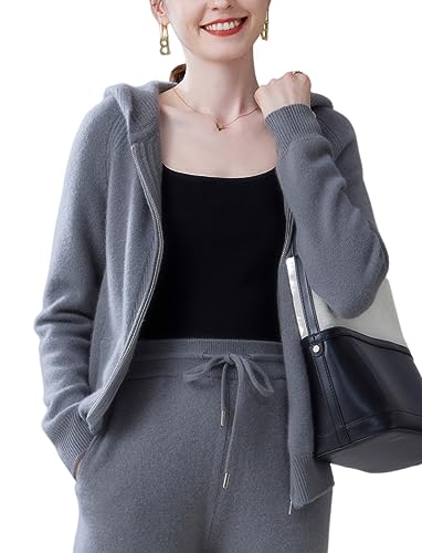 Valin Damen 95% Kaschmir Strickjacke Grau Kapuzen Langarm Cardigan Kaschmir Wolle Reißverschluss Relaxed Dicker Strickjacke,42,ZSBR8336 von Valin