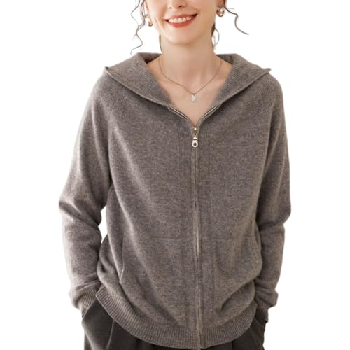 Valin Damen Kaschmir&Wolle Strickjacke Grau Kapuzen Langarm Strickpullover Damen Reißverschluss Relaxed Dünner Kaschmir Pullover,EU 40,VS513 von Valin