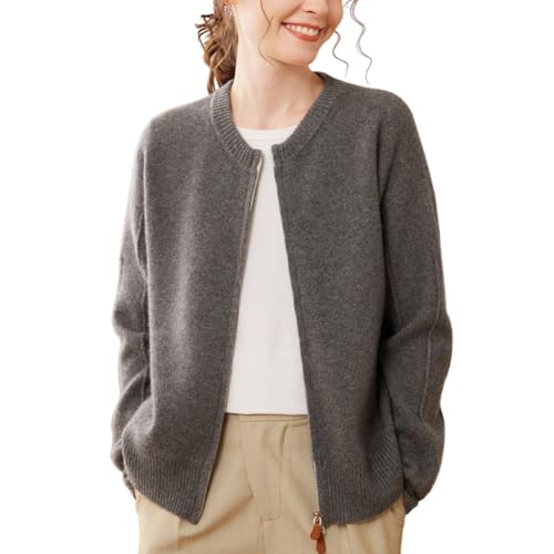 Valin Damen Kaschmir&Wolle Strickjacke Grau Rundhals Langarm Strickpullover Damen Reißverschluss Relaxed Dicker Kaschmir Pullover,EU Einheitsgröße,VSP2451 von Valin