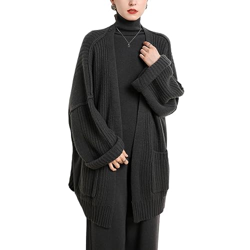 Valin Damen Kaschmir&Wolle Strickjacke Grau V-Ausschnitt Langarm Cardigan Taschen Relaxed Dicker Kaschmir Strickjacke,Einheitsgröße,VM2307 von Valin