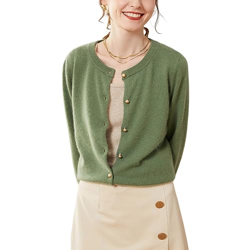 Valin Damen Kaschmir&Wolle Strickjacke Grün Rundhals Langarm Cardigan Einfarbige Schlanker Dünner Kaschmir Strickjacke,42,VSP2249 von Valin