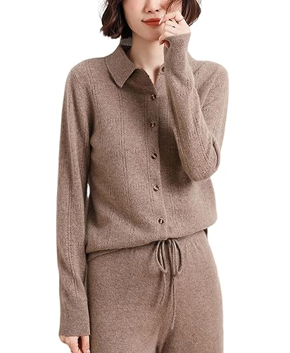 Valin Damen Kaschmir&Wolle Strickjacke Kamel Revers Langarm Cardigan Knöpfen Relaxed Dünner Kaschmir Strickjacke,38,VD8014 von Valin