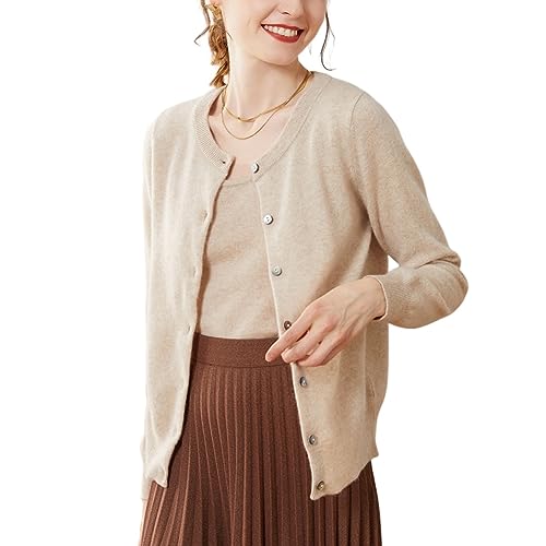 Valin Damen Kaschmir&Wolle Strickjacke Kamel Rundhals Langarm Cardigan Einfarbige Relaxed Dünner Kaschmir Strickjacke,42,VSP1201 von Valin