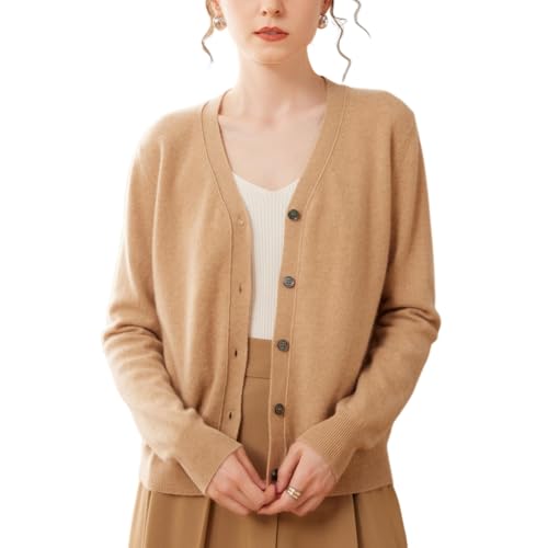 Valin Damen Kaschmir&Wolle Strickjacke Khaki V-Ausschnitt Langarm Strickpullover Damen Knöpfen Relaxed Dünner Kaschmir Pullover,EU 40,VSP2444 von Valin