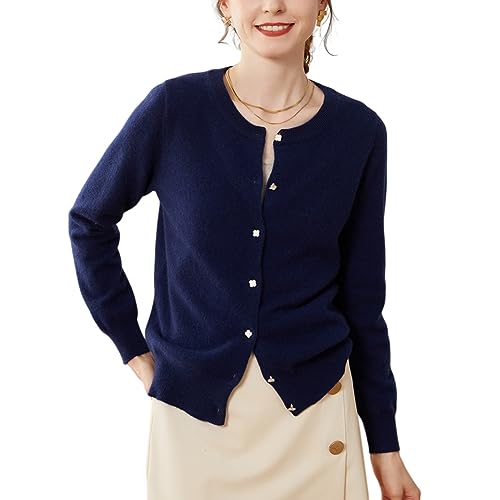 Valin Damen Kaschmir&Wolle Strickjacke Marineblau Rundhals Langarm Cardigan Einfarbige Schlanker Dünner Kaschmir Strickjacke,44,VSP2248 von Valin