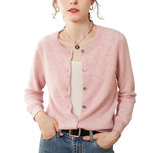 Valin Damen 95% Kaschmir Strickjacke Rosa Rundhals Langarm Cardigan Kaschmir Wolle Einfarbige Relaxed Dünner Strickjacke,38,SPR1201 von Valin