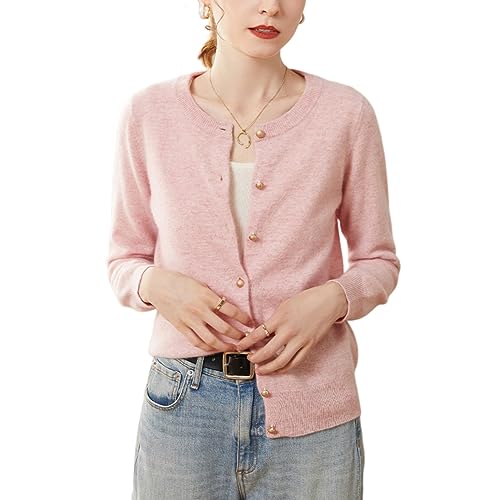 Valin Damen 95% Kaschmir Strickjacke Rosa Rundhals Langarm Cardigan Kaschmir Wolle Einfarbige Schlanker Dünner Strickjacke,38,SPR2249 von Valin