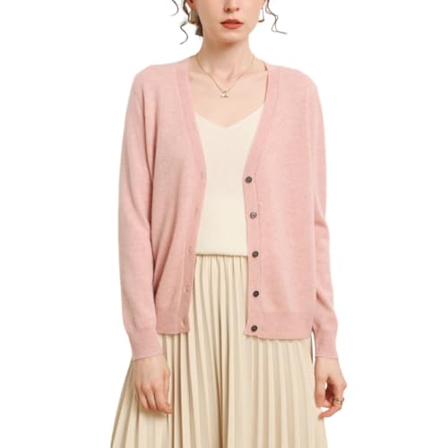 Valin Damen Kaschmir&Wolle Strickjacke Rosa V-Ausschnitt Langarm Strickpullover Damen Knöpfen Relaxed Dünner Kaschmir Pullover,EU 42,VM2435 von Valin