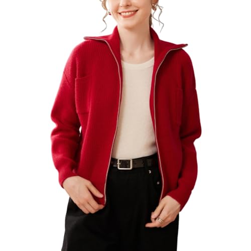 Valin Damen Kaschmir&Wolle Strickjacke Rot Rollkragen Langarm Strickpullover Damen Wellenmuster Relaxed Dicker Kaschmir Pullover,EU Einheitsgröße,VSP2486 von Valin