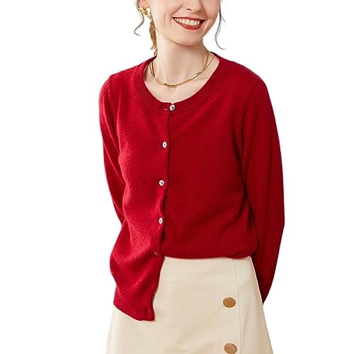 Valin Damen Kaschmir&Wolle Strickjacke Rot Rundhals Langarm Cardigan Einfarbige Relaxed Dünner Kaschmir Strickjacke,40,VSP1201 von Valin