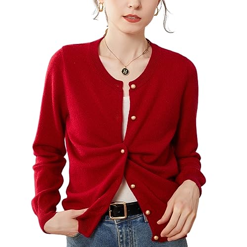 Valin Damen 95% Kaschmir Strickjacke Rot Rundhals Langarm Cardigan Kaschmir Wolle Einfarbige Schlanker Dünner Strickjacke,42,SPR2249 von Valin