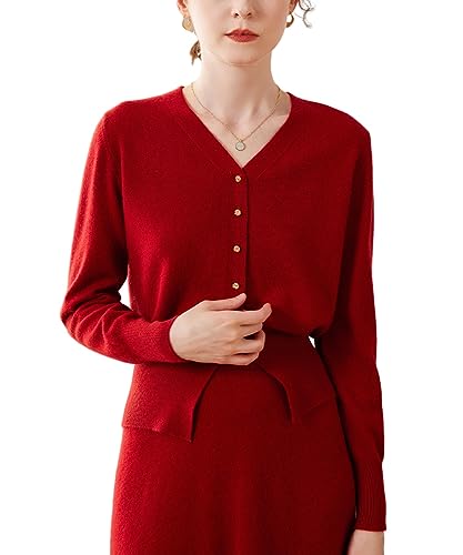 Valin Damen Kaschmir&Wolle Strickjacke Rot V-Ausschnitt Langarm Cardigan Einfarbige Relaxed Dünner Kaschmir Strickjacke,40,VSP2308 von Valin