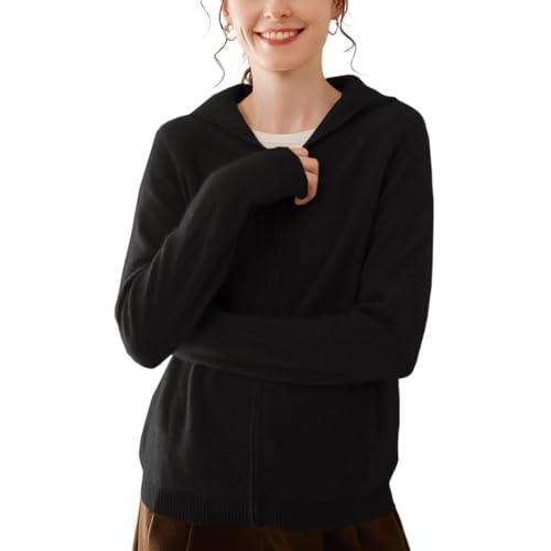 Valin Damen Kaschmir&Wolle Strickjacke Schwarz Kapuzen Langarm Strickpullover Damen Reißverschluss Relaxed Dünner Kaschmir Pullover,EU 38,VS513 von Valin