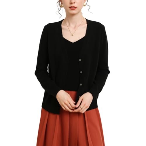 Valin Damen Kaschmir&Wolle Strickjacke Schwarz V-Ausschnitt Langarm Strickpullover Damen Knöpfen Relaxed Dünner Kaschmir Pullover,EU 38,VM2435 von Valin